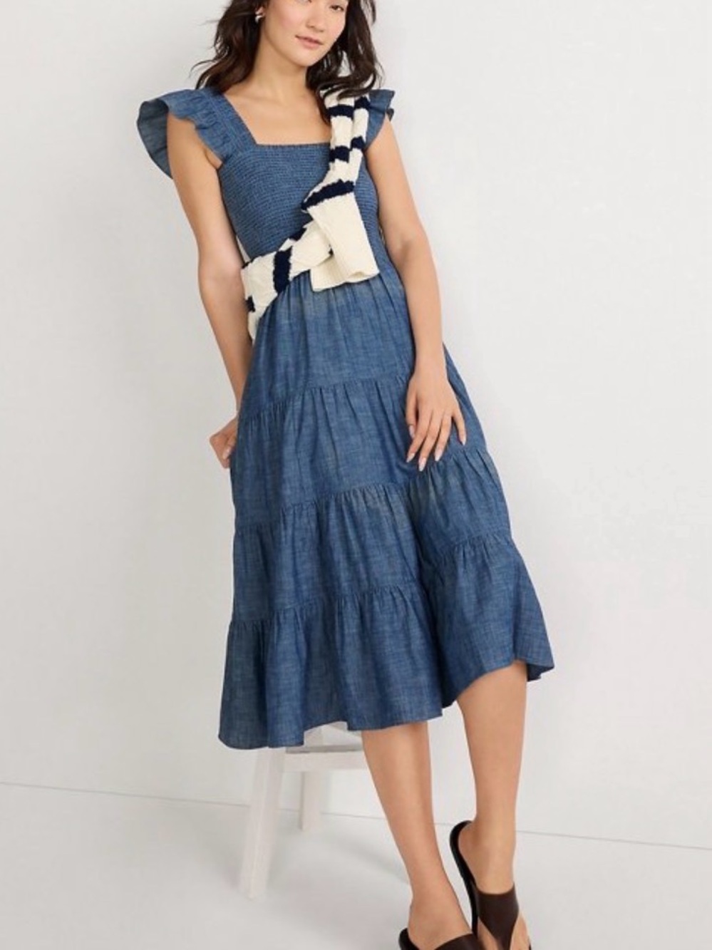 Lands' End Blue Smocked Tiered Midi Dress
